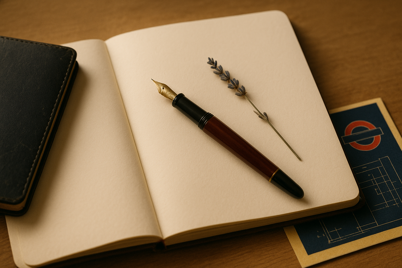 A leather notebook open on a desk with a fountain pen and a dried lavender sprig