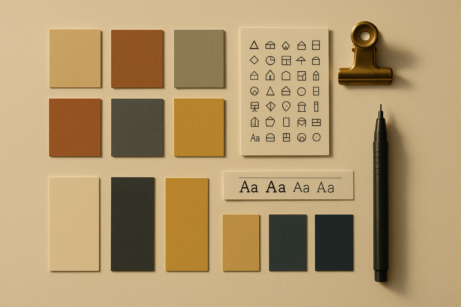 A flat-lay of design assets: colour swatches, an icon reference card, typography specimen, a pen and bulldog clip