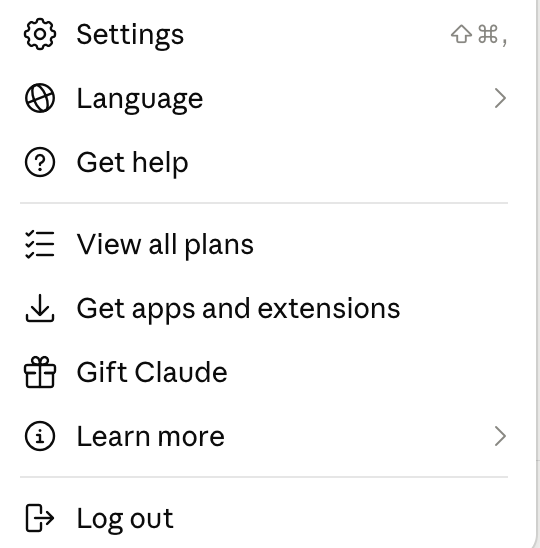 A menu with Settings at the top, then Language, Get help, View all plans, Get apps and extensions, Gift Claude, Learn more and Log out