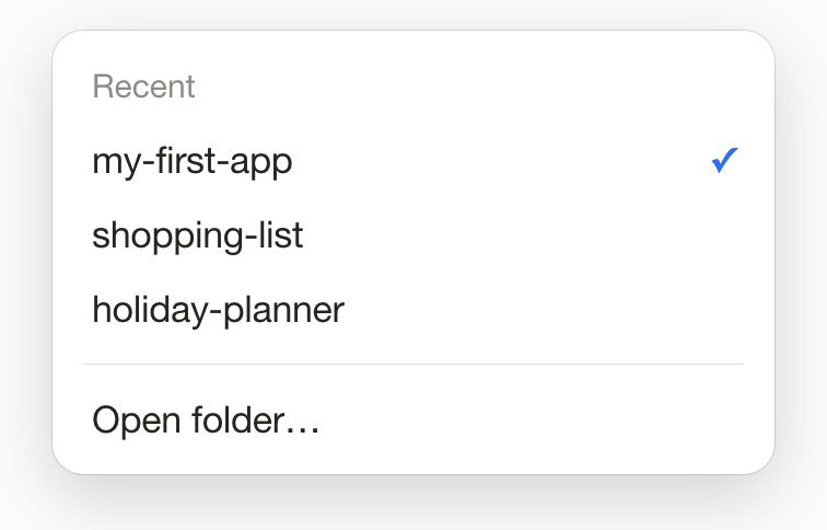 A menu headed Recent listing three folder names, one with a blue tick, then a line, then Open folder