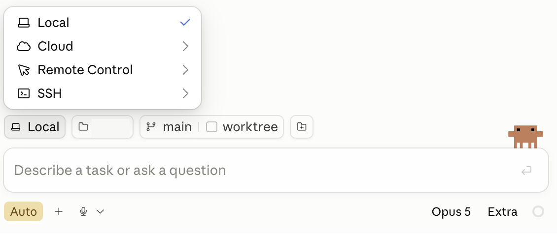 A menu with four choices: Local with a tick beside it, Cloud, Remote Control, and SSH