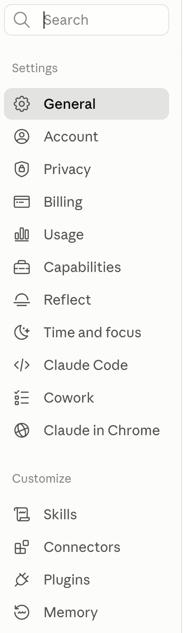 A settings sidebar with a group headed Settings holding General, Account, Privacy, Billing, Usage, Capabilities, Reflect, Time and focus, Claude Code, Cowork and Claude in Chrome, then a second group headed Customize holding Skills, Connectors, Plugins and Memory
