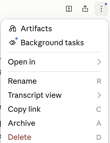 The menu behind the three dots at the top right of a conversation, holding Artifacts, Background tasks, Open in, Rename, Transcript view, Copy link, Archive and Delete. There is no simulator entry