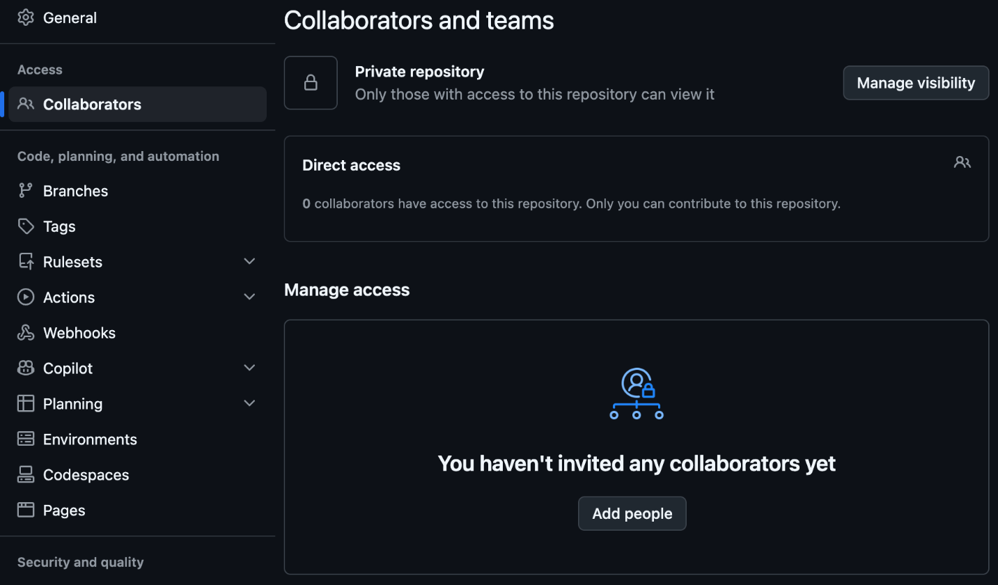 A GitHub settings page headed Collaborators and teams. A padlock beside the words Private repository, and under it, only those with access to this repository can view it. Below that a panel headed Direct access reading zero collaborators have access to this repository. At the bottom a panel reading you have not invited any collaborators yet, with a button labelled Add people. Down the left, a list of settings with Collaborators highlighted.