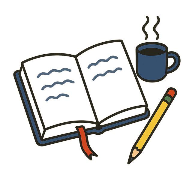 An open notebook with a ribbon marker, a pencil and a mug of tea beside it