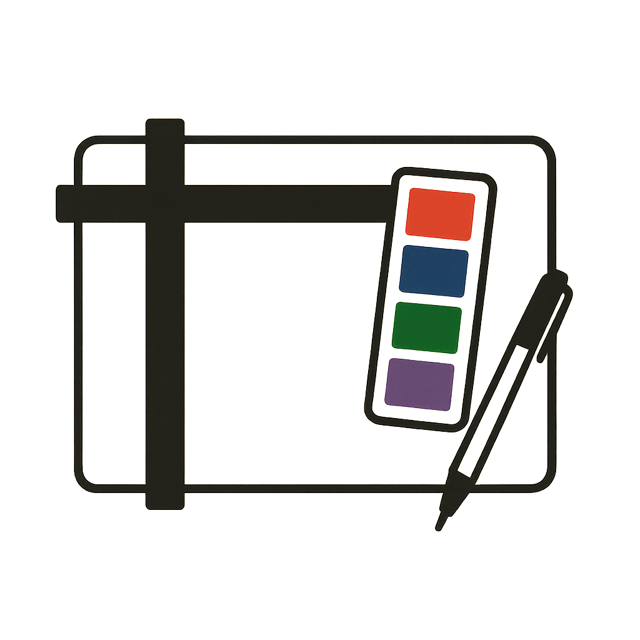 A sketchbook with a paint palette and a pen resting across it
