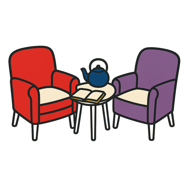 Two armchairs facing each other across a low table, with a teapot and an open notebook on it