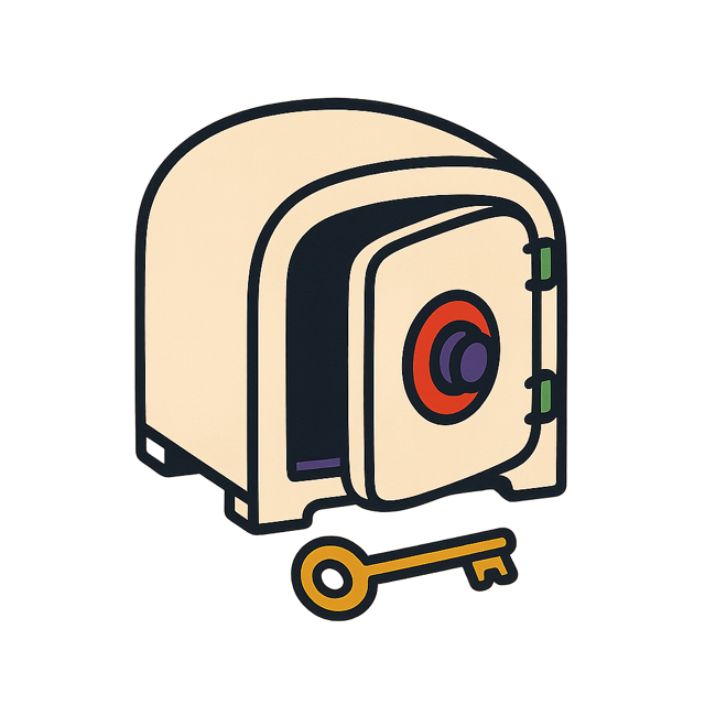 A strongbox standing with its door open and a single key lying in front of it