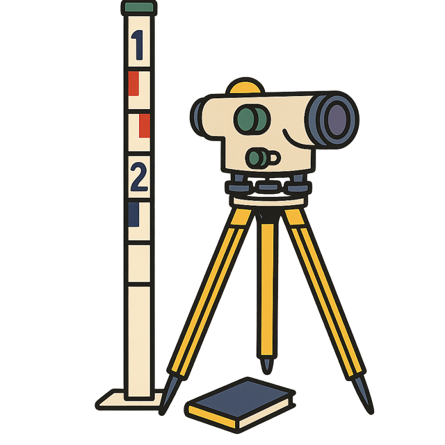 A surveyor's levelling staff standing upright beside a tripod mounted level, with a closed field notebook at its foot