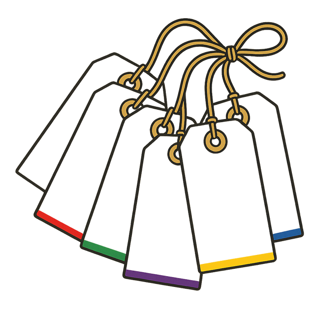 Five blank luggage tags on strings, tied together at the top