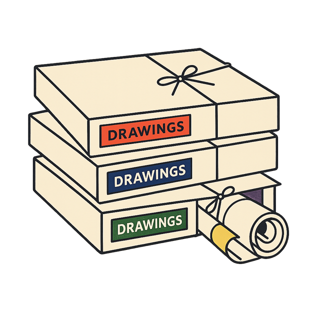 Three flat drawing folders stacked and tied with string, a rolled drawing leaning against them