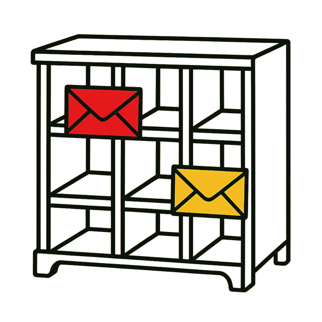 A wooden pigeonhole rack with two envelopes waiting in it