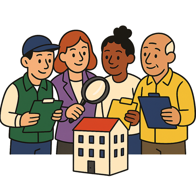 Four inspectors with clipboards and a magnifying glass standing around a small model building