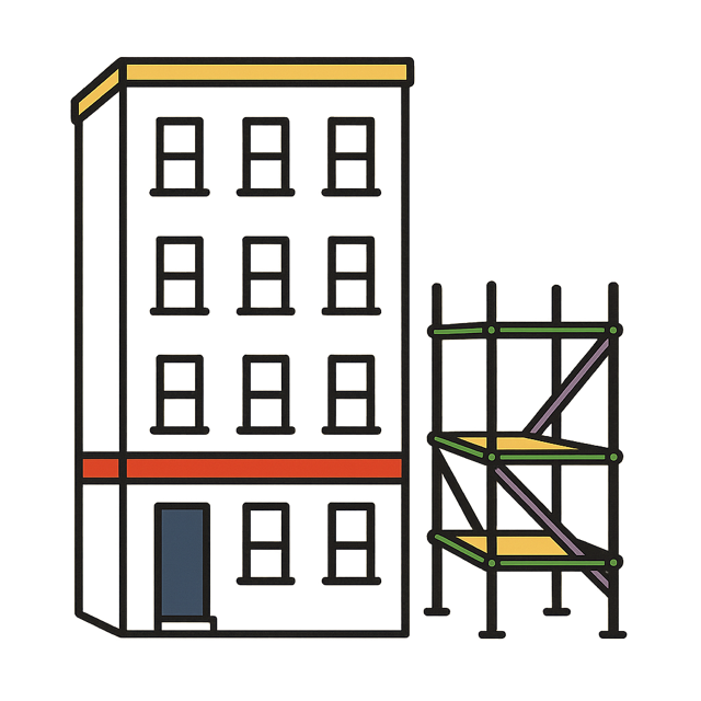 A finished building standing on its own, with one bay of scaffolding taken off it and standing on the ground alongside