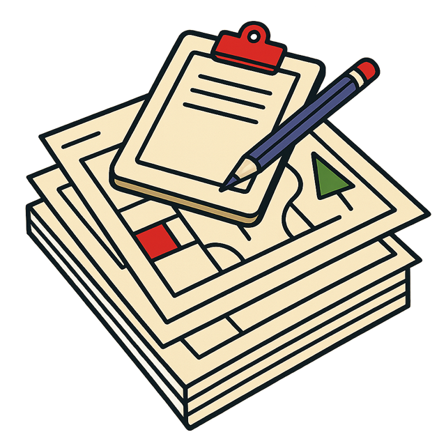 A clipboard and pencil resting on a stack of site drawings, the daily site log