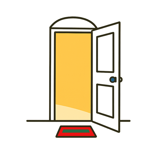 An open door with warm light coming through the doorway and a mat on the floor in front of it