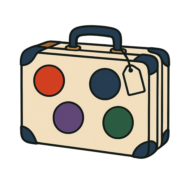 A cream travel suitcase with four coloured route dots and a luggage tag, packed for the journey ahead