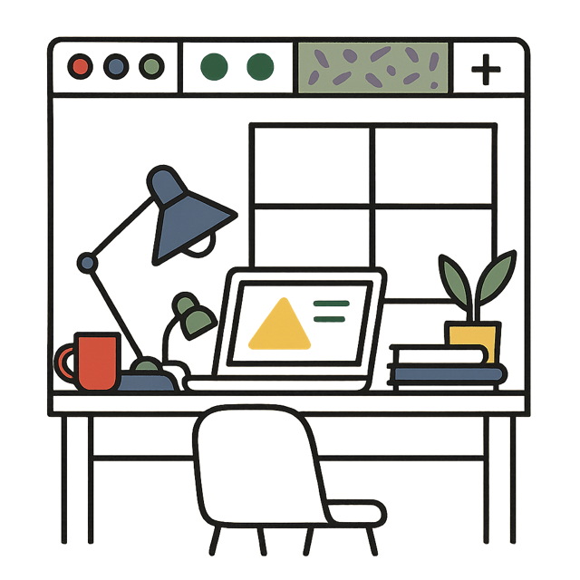 A cosy site-office desk with neat window tabs above it, one carrying a small plus-shaped cutout