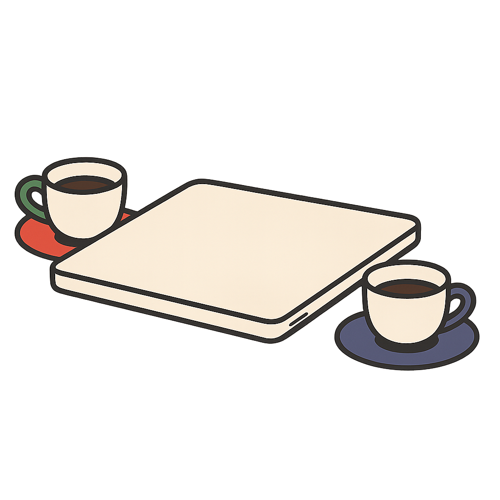 A closed laptop lying flat with a teacup on a saucer set either side of it