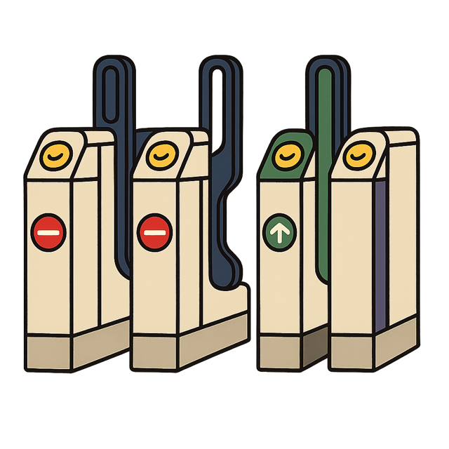 A row of ticket barriers, two shut and one standing open